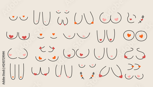 Woman breasts. Different female breast shape, line chest icons with various sizes, woman bust anatomy with scars and implants, inclusive diversity concept. Vector doodle set