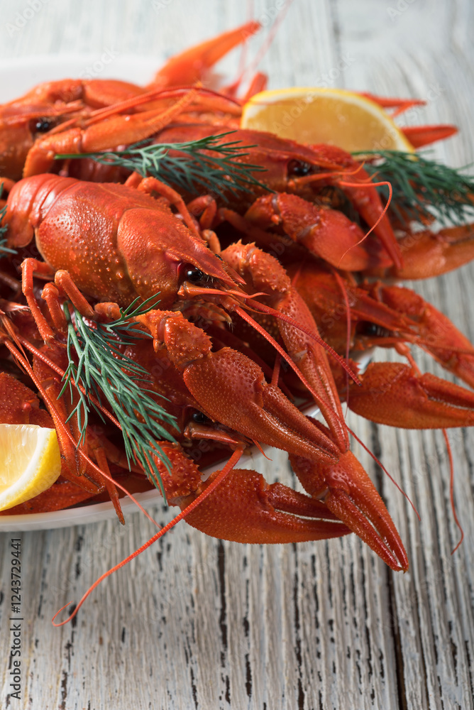 Boiled crayfish with dill and lemon in a white deep cup on a white wooden table. Side view, close up.
