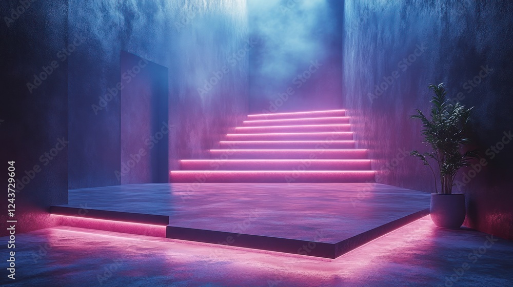 A futuristic staircase illuminated with pink lights in a misty, modern environment. A futuristic staircase illuminated with pink lights in a misty, modern environment.