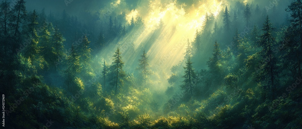 Obraz premium Mystical Forest Landscape with Glowing Green Mist and Ethereal Atmosphere