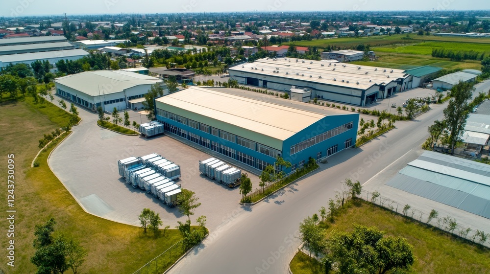 Fototapeta premium Modern Industrial Warehouse Logistics Center Aerial View From Drone Perspective On Sunny Day.