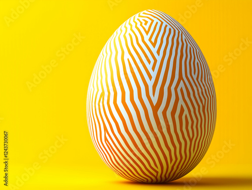 A single Easter egg featuring an intricate abstract pattern in white and orange, set against a vibrant yellow background. A modern and creative take on traditional holiday decoration.  photo