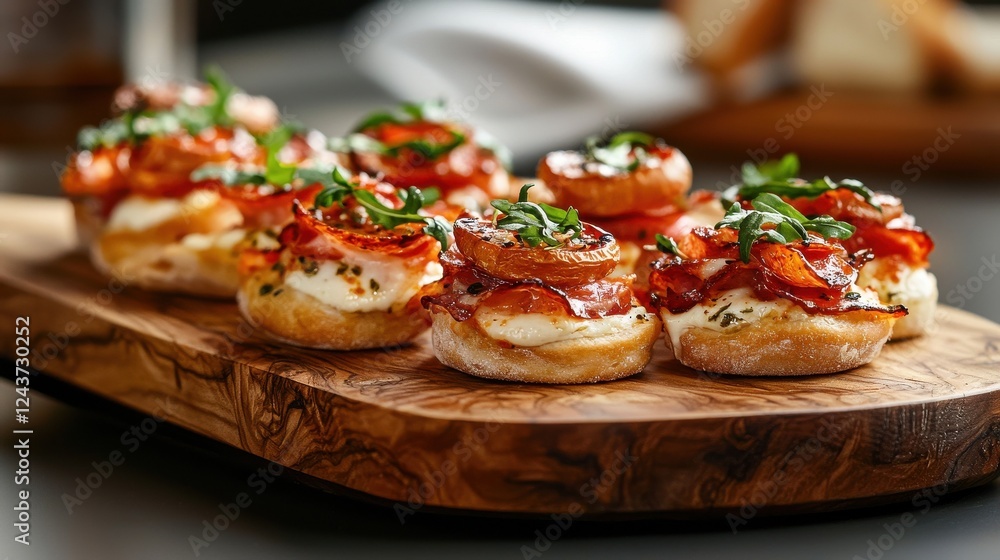 A plate of mini bite-sized pizzas with various toppings on a wooden board A plate of mini bite-sized pizzas with various toppings on a wooden board