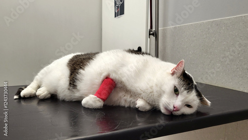 Tired and exhausted white cat with a bandaged paw and sad eyes lies powerlessly on a procedure table in a veterinary clinic after taking blood for analysis