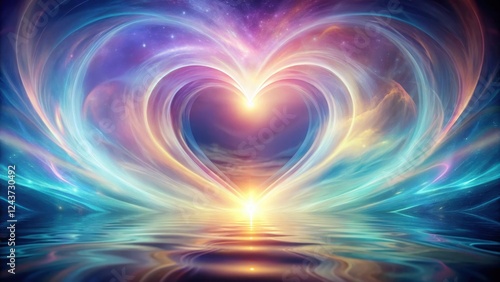 A glowing, ethereal heart shape radiates from a swirling vortex of soft, pastel colors, as gentle energy pulses through an otherworldly landscape , pastel colors, spiritual