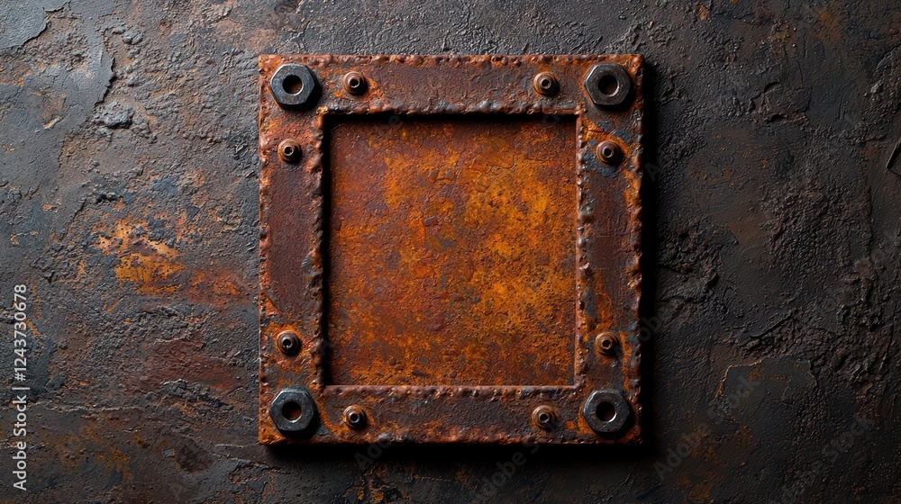 Rusty Metal Frame with Rivets on Textured Dark Background Rusty Metal Frame with Rivets on Textured Dark Background