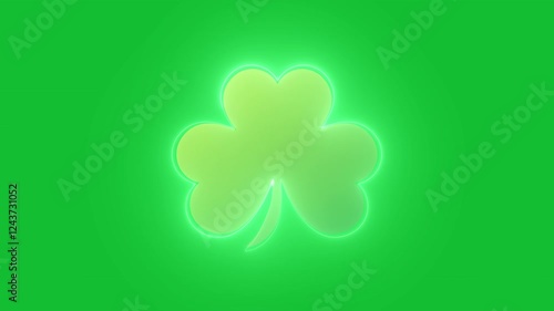 Bright neon green shamrock with glowing outline on chroma key background. Ideal for video editing, overlays, St. Patrick’s Day projects, or festive animations. Seamless 4K green screen