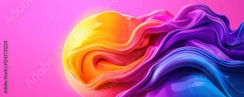 Client Acquisition campaign. Vibrant abstract waves with a bright sun on a pink background.
