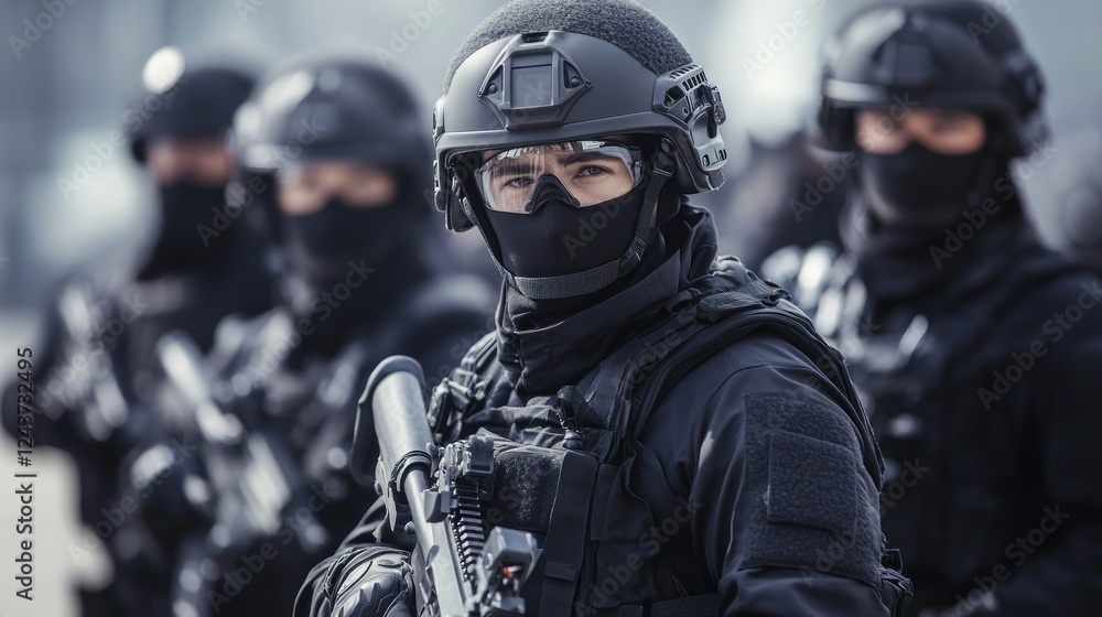 A group of armed tactical officers in black gear, prepared for a mission. A group of armed tactical officers in black gear, prepared for a mission.