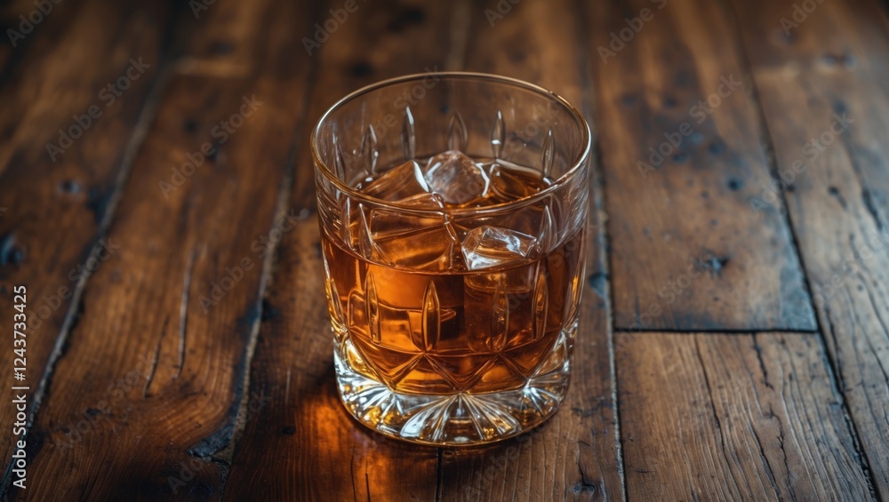 Whiskey glass with ice on rustic wooden floor creating a warm and inviting atmosphere for a cozy drink setting. Whiskey glass with ice on rustic wooden floor creating a warm and inviting atmosphere for a cozy drink setting.