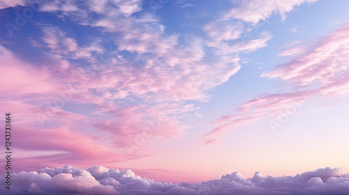 Majestic sky background with vibrant hues of pink and purple during a twilight hour, evoking a sense of peace and tranquility photo