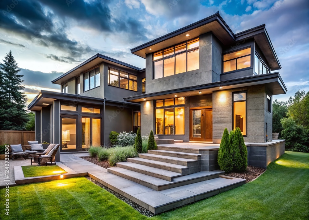 Modern Gray Stucco House with Multi-Level Patio & Stone Steps - Surreal Photography Modern Gray Stucco House with Multi-Level Patio & Stone Steps - Surreal Photography