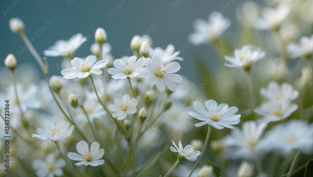 Delicate close-up of small white flowers with soft green background creating an ideal space for text or messaging. Delicate close-up of small white flowers with soft green background creating an ideal space for text or messaging.