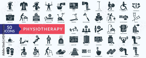 Physiotherapy icon collection set with acupuncture,foot massage, exercise ball, treadmill, infrared therapy