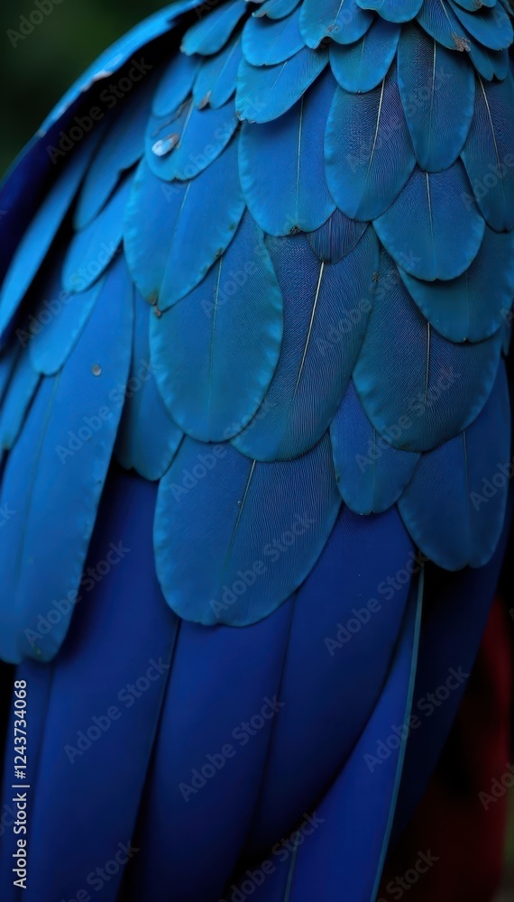 Fototapeta premium Deep cobalt blue parrot feathers, intricate detail, tropical, birdlife