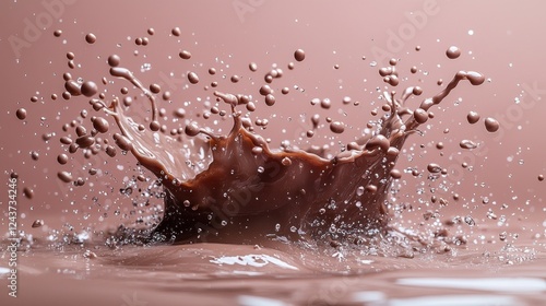 Chocolate milk splash on a light brown surface with blurred background