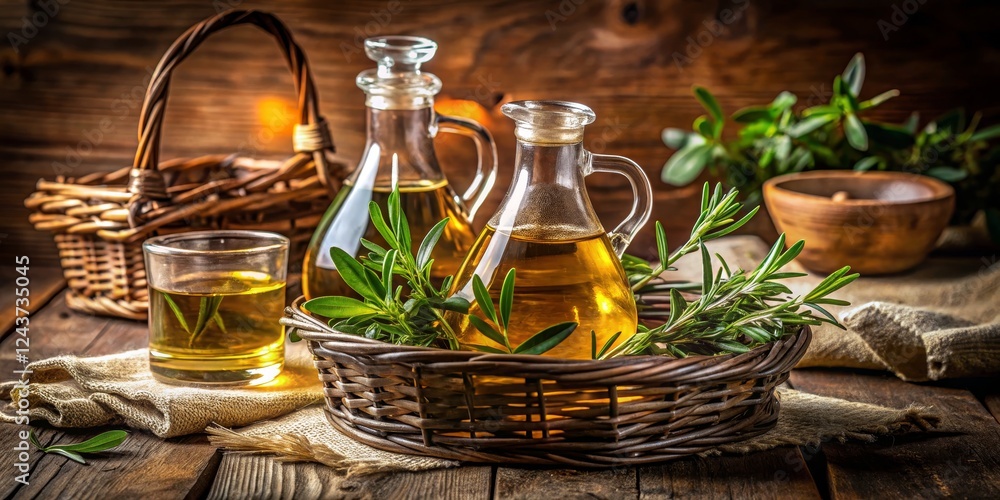 Fresh Olive Oil and Herbs in Rustic Setting with Natural Light Fresh Olive Oil and Herbs in Rustic Setting with Natural Light