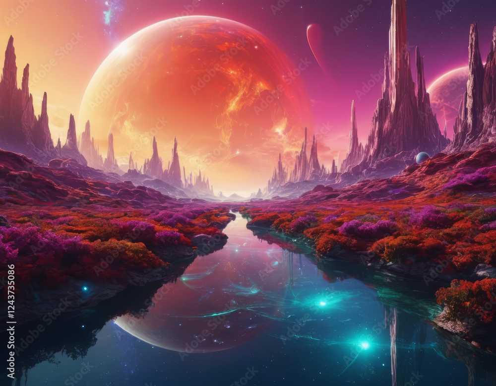 Fototapeta premium Fantastic alien landscape with many planets, a glowing river, a winding path, against a dark blue cosmic background 
