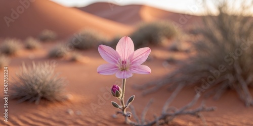 Fototapeta Naklejka Na Ścianę i Meble -  Closeup of delicate pink flower blooming in arid desert landscape with soft dunes and space for text or branding.