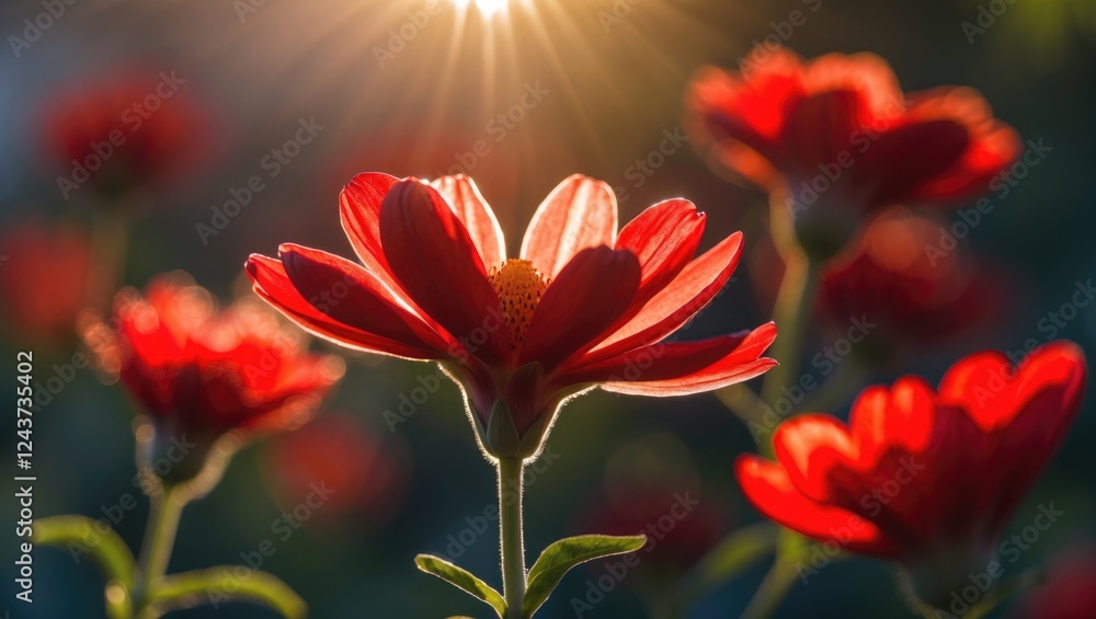 Vibrant Red Flowers Bathed in Sunlight Creating a Serene Natural Ambience for Garden or Floral Design Themes