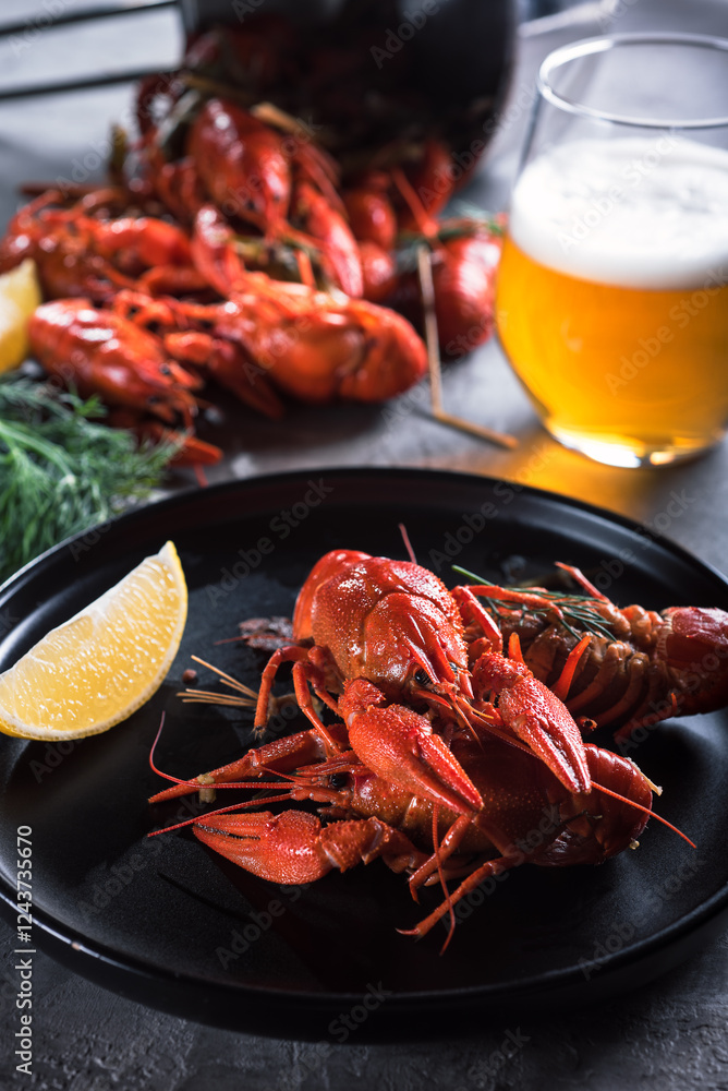 Boiled crayfish on a black plate with a slice of lemon and a glass of beer on the table. Close-up. Boiled crayfish on a black plate with a slice of lemon and a glass of beer on the table. Close-up.