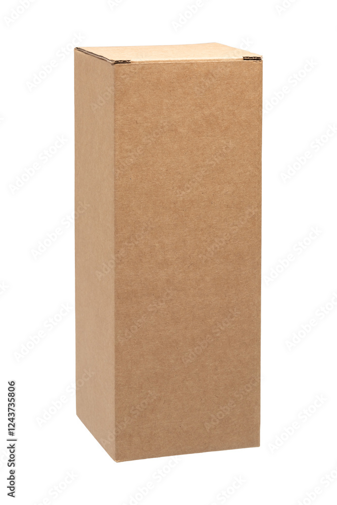 A tall, plain brown cardboard box stands upright, designed for storing and shipping wine glass. A tall, plain brown cardboard box stands upright, designed for storing and shipping wine glass.