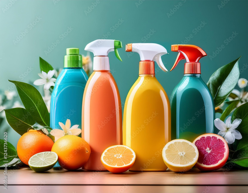 colorful cleaning bottles and spray containers with citrus and floral accents perfect for eco friendly product branding colorful cleaning bottles and spray containers with citrus and floral accents perfect for eco friendly product branding