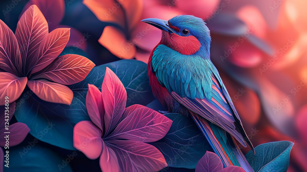 Fototapeta premium Vibrant bird perched among colorful leaves in lush setting