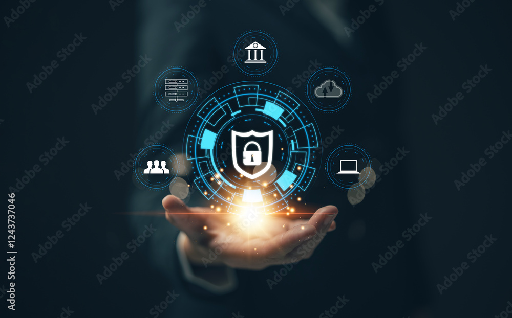 Businesswoman locking sensitive financial data for cyber security protection. cyber security concept User Privacy Security and Encryption Future technology and cybernetics lock screen key. Businesswoman locking sensitive financial data for cyber security protection. cyber security concept User Privacy Security and Encryption Future technology and cybernetics lock screen key.