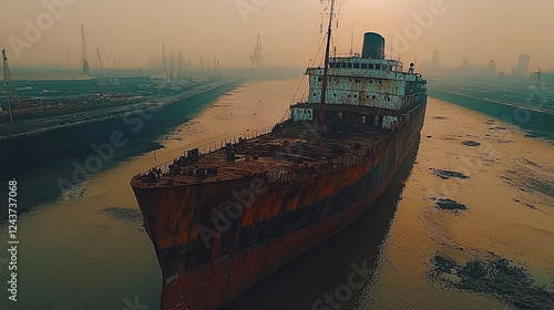 Abandoned Ship Resting in Shallow Waters at Dusk, Showcasing Rust and Decay in an Industrial Landscape