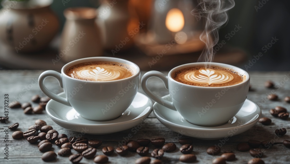 Cozy coffee cups with latte art on wooden table surrounded by coffee beans and a softly lit ambiance Cozy coffee cups with latte art on wooden table surrounded by coffee beans and a softly lit ambiance