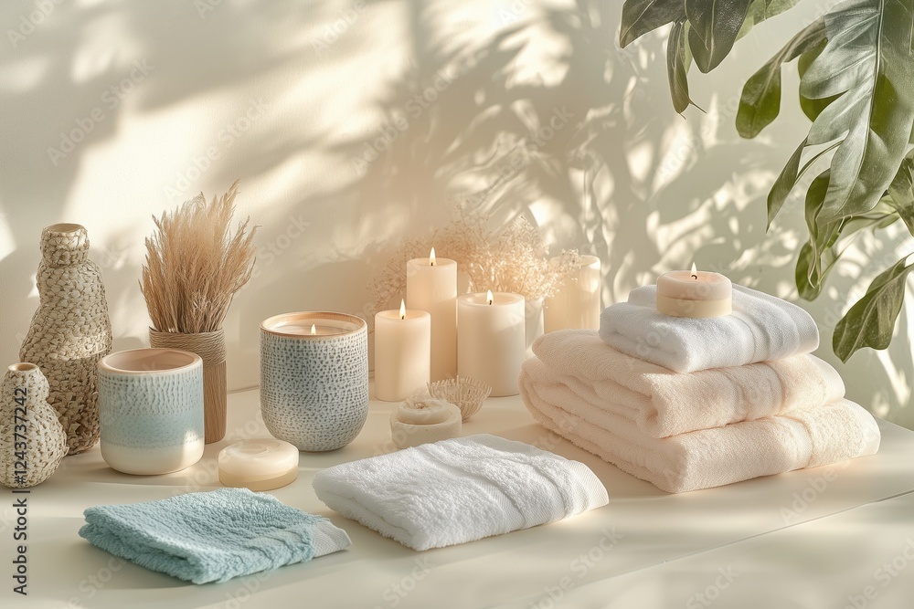 Conjunto de itens de spa com toalhas, velas e elementos decorativos em tons neutros, capturados com luz natural suave, criado com IA generativa. Conjunto de itens de spa com toalhas, velas e elementos decorativos em tons neutros, capturados com luz natural suave, criado com IA generativa.