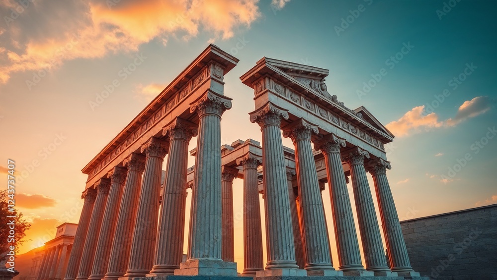 Fototapeta premium Greek Temple Ruins at Sunset with Dramatic Sky