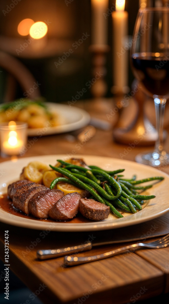 Grilled steak with green beans, roasted potatoes, and wine on candlelit table, concept of romantic dinner and gourmet indulgence. Grilled steak with green beans, roasted potatoes, and wine on candlelit table, concept of romantic dinner and gourmet indulgence.