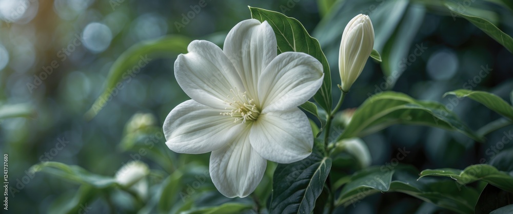 Obraz premium Elegantly blooming white flower amidst lush green foliage and delicate buds in a serene natural setting.