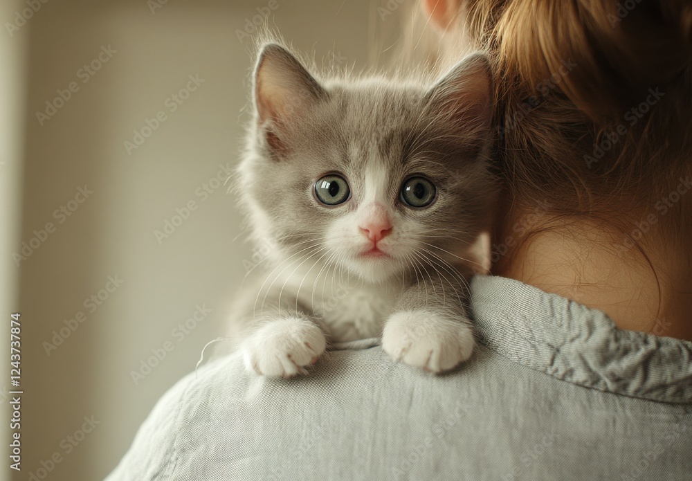 Adorable Grey and White Kitten Resting on Shoulder of Person with Casual Hair Style in Soft Natural Lighting Adorable Grey and White Kitten Resting on Shoulder of Person with Casual Hair Style in Soft Natural Lighting