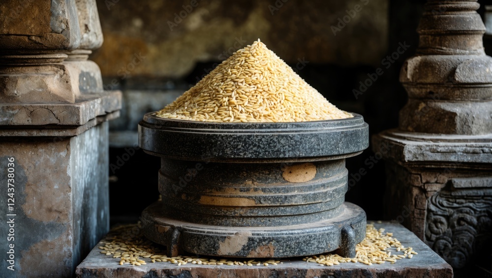 Granite rice grain grinder with a mound of rice, showcasing traditional techniques for making cake batter in a historical setting. Granite rice grain grinder with a mound of rice, showcasing traditional techniques for making cake batter in a historical setting.