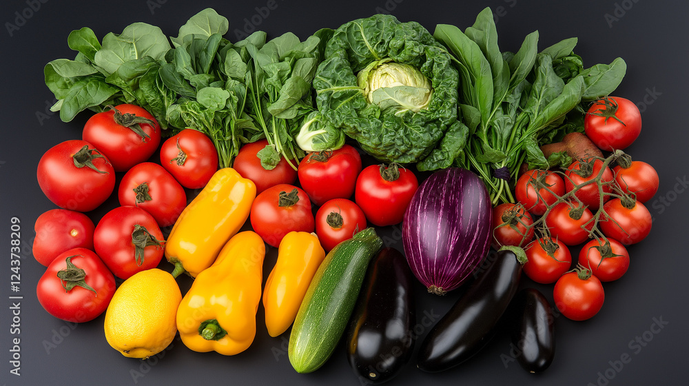 Vibrant Vegetable Harvest: A bountiful display of fresh, colorful vegetables—tomatoes, bell peppers, zucchini, eggplant, and leafy greens—arranged artfully on a dark background. Vibrant Vegetable Harvest: A bountiful display of fresh, colorful vegetables—tomatoes, bell peppers, zucchini, eggplant, and leafy greens—arranged artfully on a dark background.