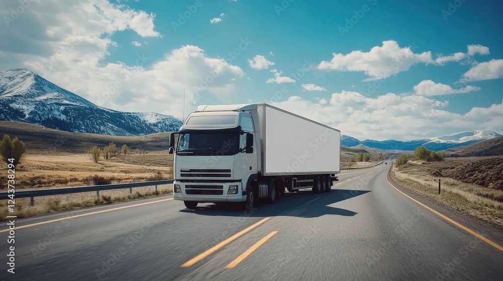 White Cargo Truck Driving on Road Through Scenic Mountain Landscape Under Clear Blue Skies with Patches of Clouds White Cargo Truck Driving on Road Through Scenic Mountain Landscape Under Clear Blue Skies with Patches of Clouds
