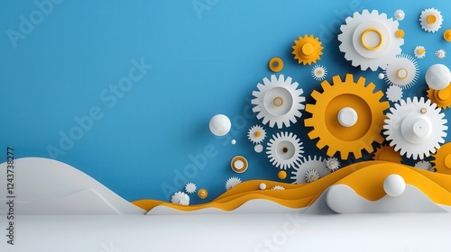 Abstract paper cut showcasing an interconnected network of geometric shapes gears and textures in a vibrant blue and yellow color scheme  The design conveys a sense of technology process