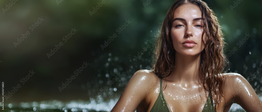 Obraz premium Woman enjoying a serene moment in a natural water setting on a warm day