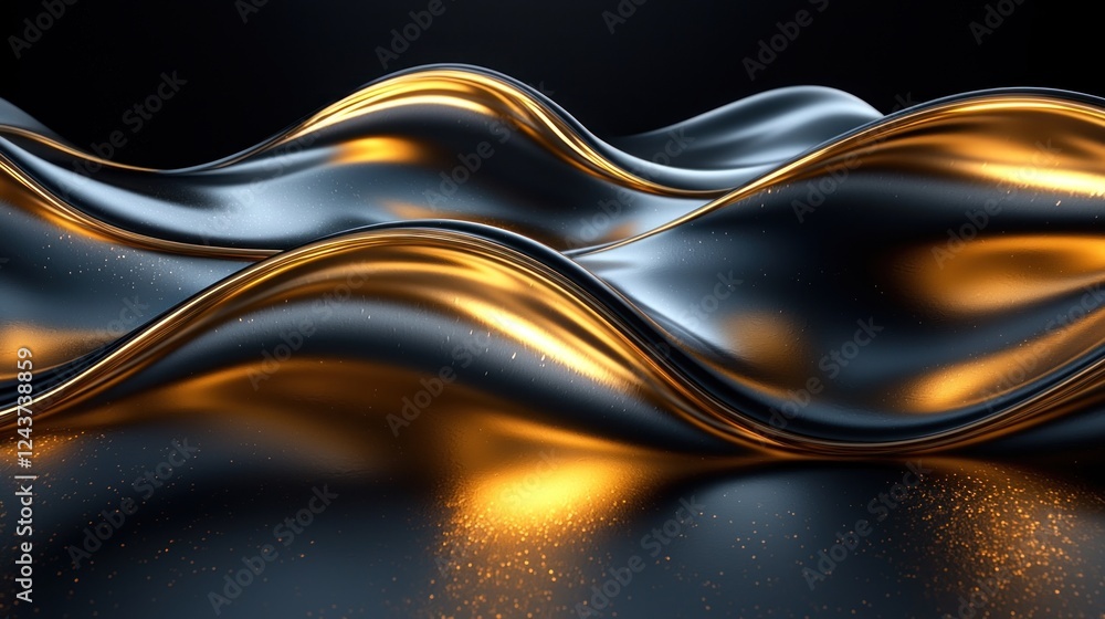 Obraz premium Abstract flowing waves of metallic black and gold create a dynamic visual effect, suggesting movement and elegance in design