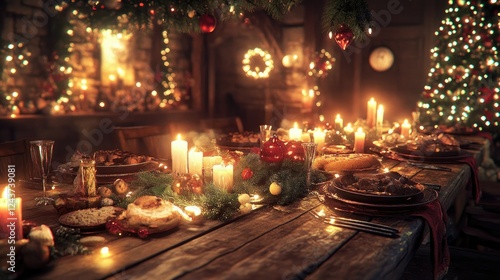 Wallpaper Mural Christmas feast set on a rustic wooden table, surrounded by glowing candles and decor Torontodigital.ca