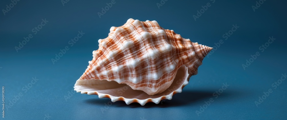 Obraz premium Seashell resting on a blue background symbolizing tranquility and relaxation in nature's beauty.