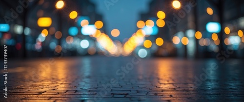 Dreamy Urban Evening Lights with Defocused Bokeh Effect on Wet Streets photo