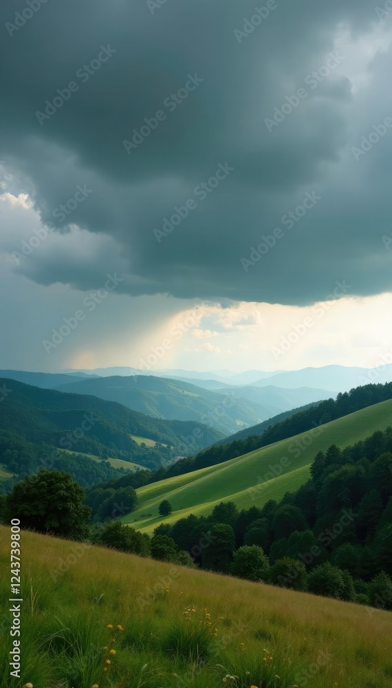 Naklejka premium Dark grey clouds gather over a landscape of rolling hills and trees, rolling hills, nature