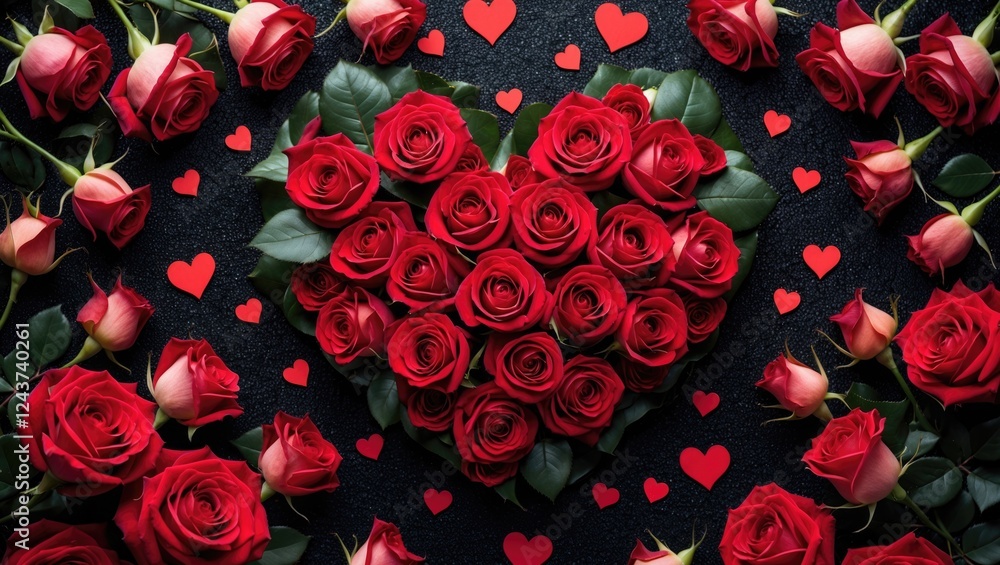 Romantic heart-shaped arrangement of red roses and leaves on black glitter background perfect for Valentine's Day or special love occasions. Romantic heart-shaped arrangement of red roses and leaves on black glitter background perfect for Valentine's Day or special love occasions.