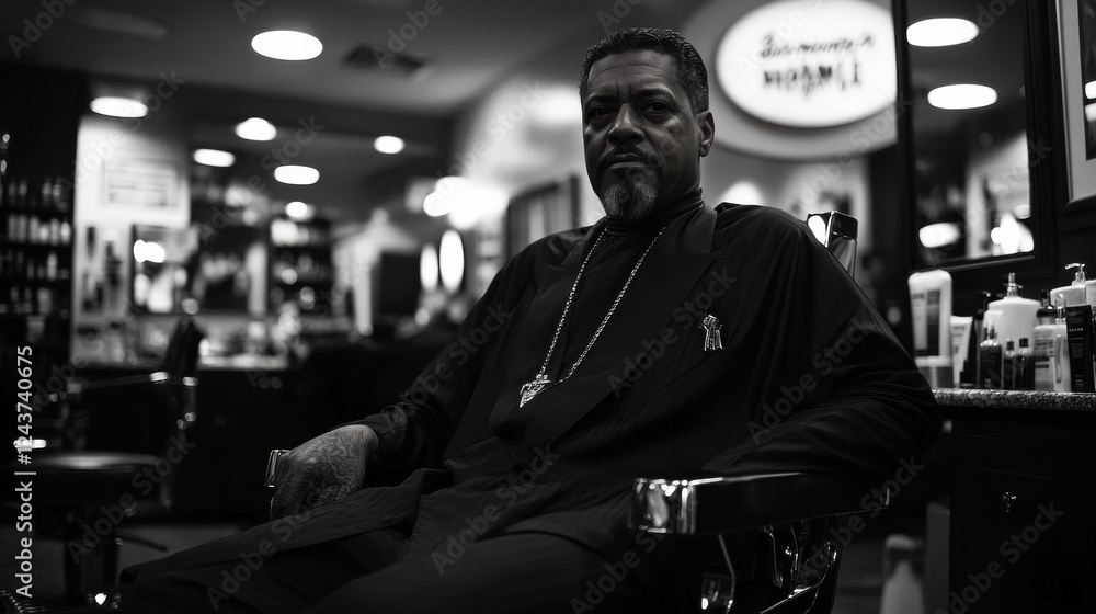 Fototapeta premium Handsome older man sits in a barber chair in the stylish barber salon. hairstyle content