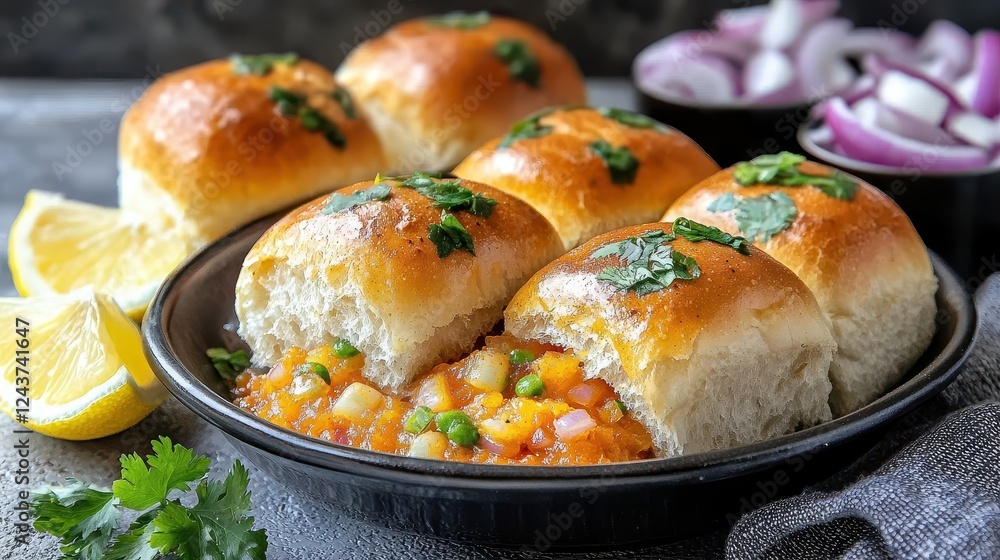 A steaming bowl of glowing pav bhaji, with butter melting on top, served alongside soft, golden buttered bread rolls. The bright orange curry is complemented by freshly chopped onions and lemon A steaming bowl of glowing pav bhaji, with butter melting on top, served alongside soft, golden buttered bread rolls. The bright orange curry is complemented by freshly chopped onions and lemon