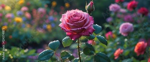 Fototapeta Naklejka Na Ścianę i Meble -  Vibrant blooming rose in garden with dew drops against a soft natural light backdrop showcasing floral beauty and tranquility.